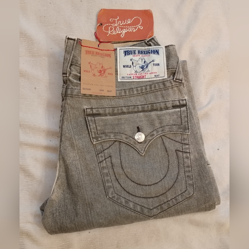 TRUE RELIGION MEN'S ZIP FLY DISTRESSED GRAY STRAIGHT JEANS SIZE 34 X 35 NWT